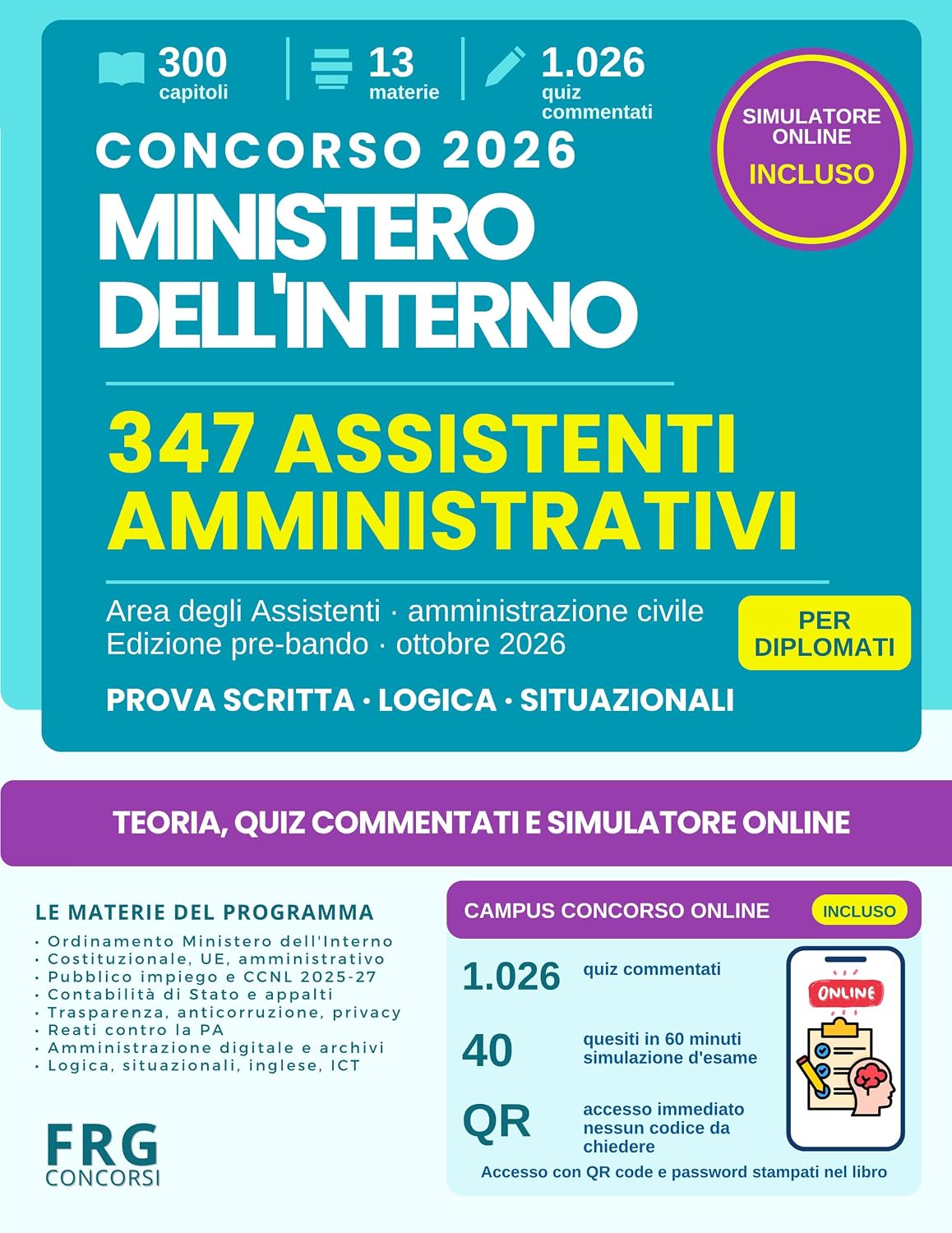 Libro Concorso Ministero dell'Interno 2026 - 347 posti Assistenti amministrativi area civile | FRG New Press