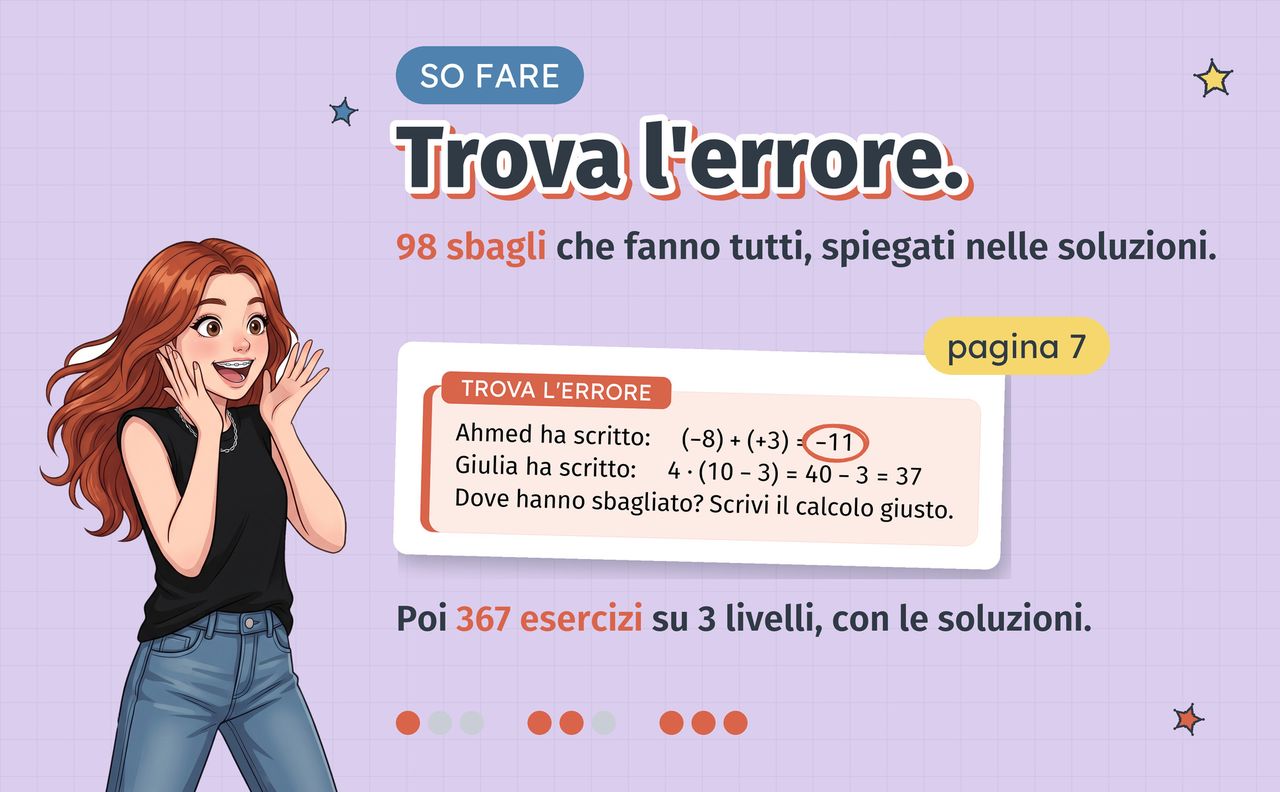 Pagina SO FARE: il trova l'errore con gli sbagli più comuni, poi 367 esercizi su 3 livelli con le soluzioni